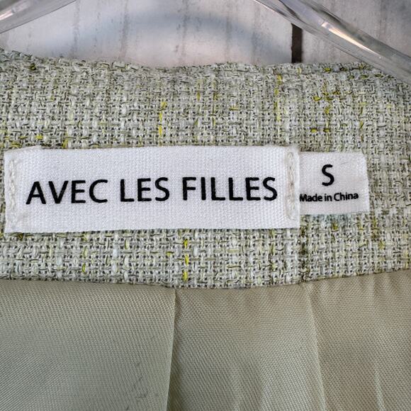 Avec Les Filles Green Textured Tweed Suit Vest Fringe Pockets V-Neck Size Small - Picture 3 of 13